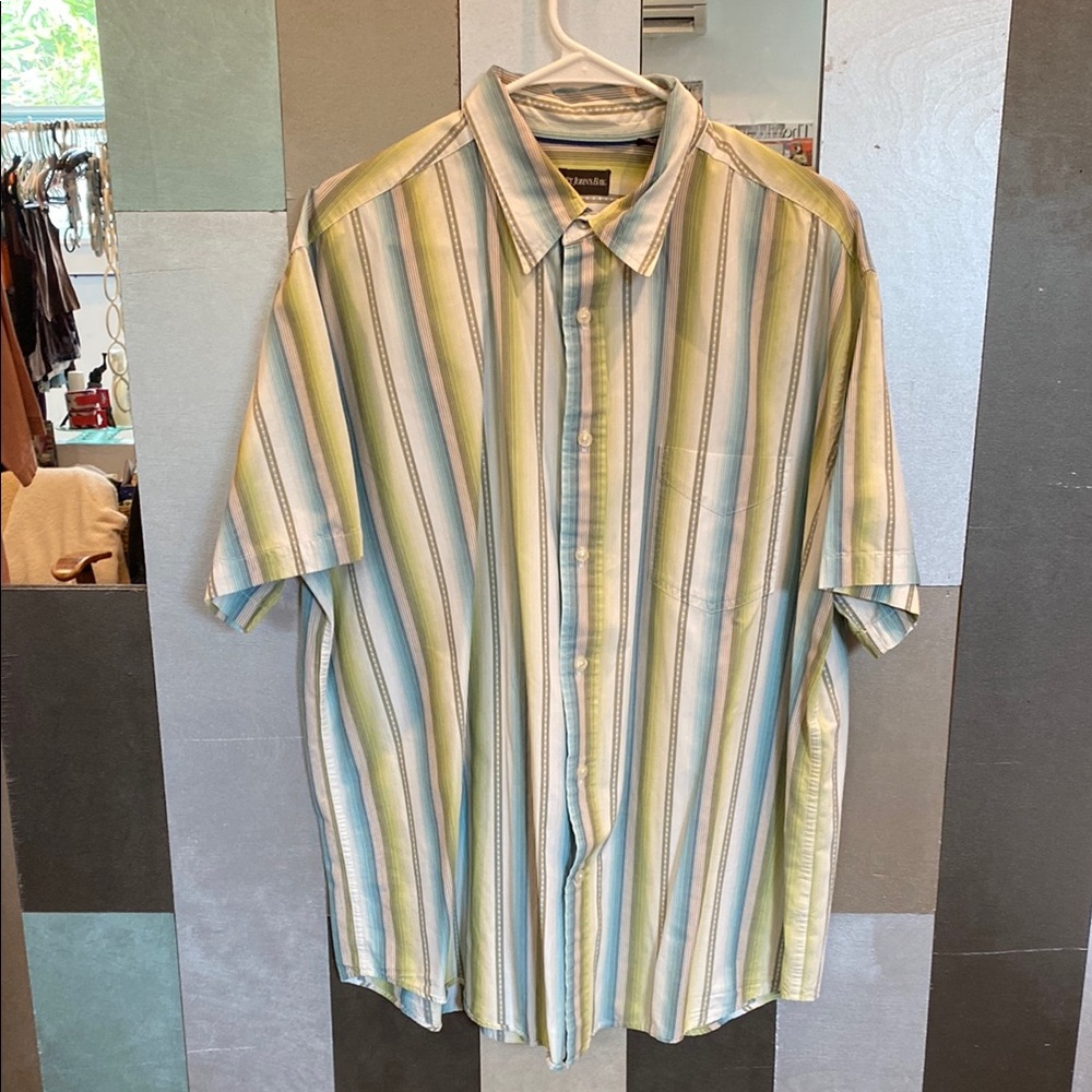 Striped Green and Blue Men's Casual Button Down Shirt, 100% Cotton